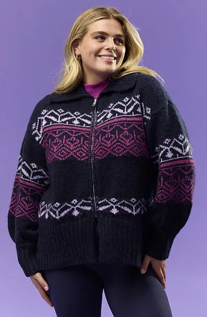 Žena - Norský oversize pletený kabátek - tmavě modrá s potiskem