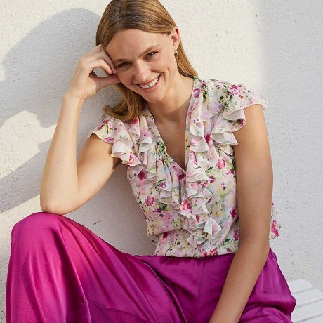 Žena - Halenkový top - fialovorůžová s květy