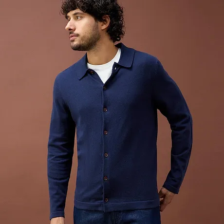 Muž - Rozepínací svetr z jemné pleteniny s luxusní merino vlnou, Slim Fit - tmavě modrá