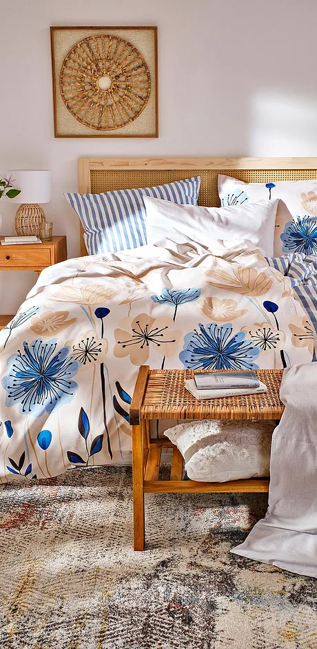 Wohnen & Garten - Bettwäsche mit Blumen - blau/creme