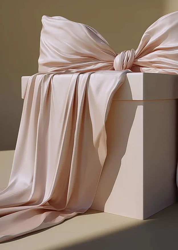 Jemn&yacute; růžov&yacute; hadř&iacute;k elegantně obep&iacute;n&aacute; b&iacute;lou krabičku, umělecky sv&aacute;zanou ma&scaron;l&iacute;.