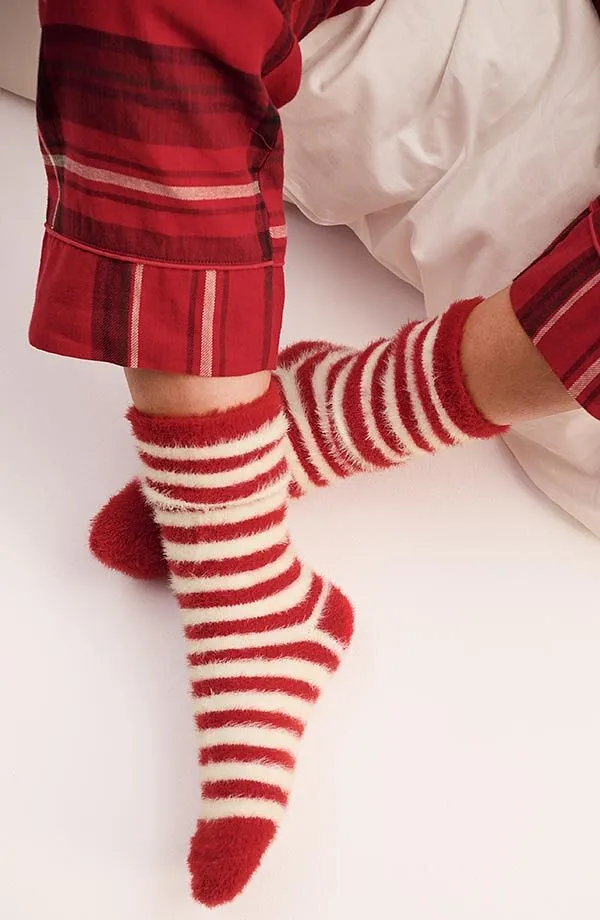 Žena - Měkoučk&eacute; ponožky na doma (2 p&aacute;ry v balen&iacute;) - tmavě červeno-b&iacute;l&aacute; s proužky + tmavě červen&aacute;