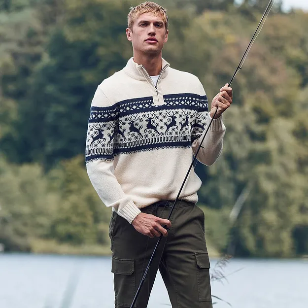 Muž - Norsk&yacute; svetr s l&iacute;mečkem na zip - př&iacute;rodn&iacute; se vzorem