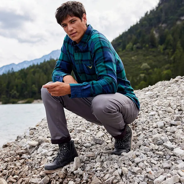 Muž - Strečov&eacute; termo kalhoty Regular Fit, Straight, hebce měkk&aacute; flanelov&aacute; pod&scaron;&iacute;vka - kouřově &scaron;ed&aacute;