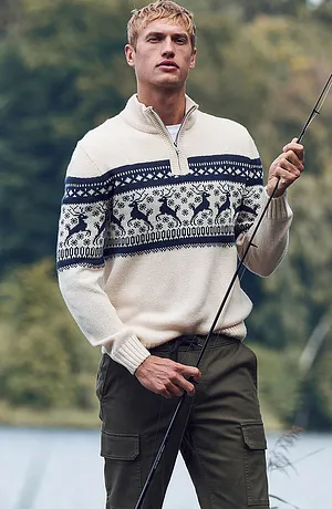 Muž - Norský svetr s límečkem na zip - přírodní se vzorem