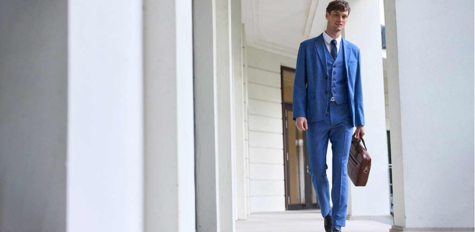 Muž - 3dílný oblek:  sako, kalhoty, vesta - modrý melír