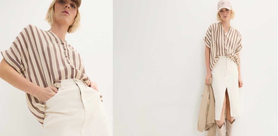 Inspirace - Strečová sukně z džínoviny, v midi délce - přírodní bílá used