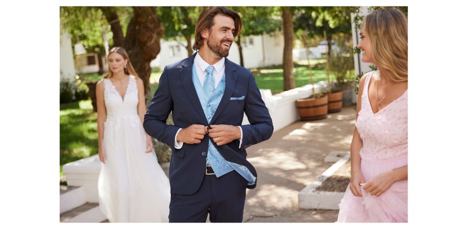 Muž - Svatební oblek Slim Fit (5dílná souprava): sako, kalhoty, vesta, kravata, kapesníček - tmavě modrá