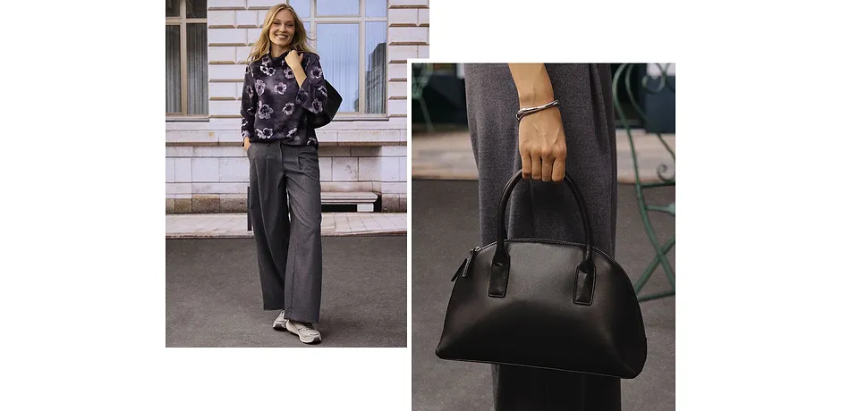 Květinová halenka v lila barvě se snoubí s elegantními šedými kalhotami.