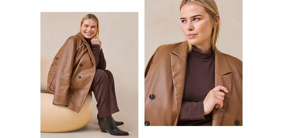 Trendy - Oversize blejzr z umělé kůže - pimentová hnědá