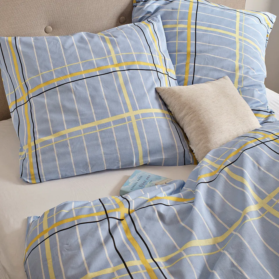 Dům - Povlečen&iacute; z linonu - světle modr&aacute; kostka