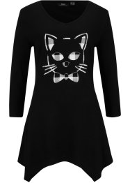 Dlouhé, cípaté bavlněné triko s potiskem kočky, 3/4 rukáv, bpc bonprix collection