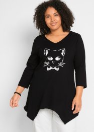 Dlouhé, cípaté bavlněné triko s potiskem kočky, 3/4 rukáv, bpc bonprix collection
