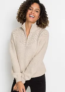 Svetr s límečkem na zip a ažurovým vzorem, bonprix