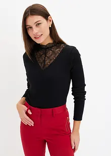 Žebrové triko s krajkou ve výstřihu, bonprix