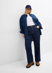 Džíny Straight, Mid Waist, pohodlný pas a štrasové kamínky, bonprix