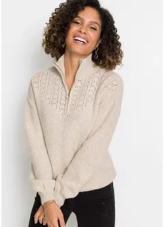 Svetr s límečkem na zip a ažurovým vzorem, bonprix