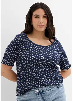 Žebrované tričko s květinovým potiskem, polodlouhý rukáv, bonprix