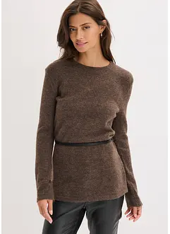 Pletené tričko s podílem vlny a vázačkou z imitace kůže, bonprix