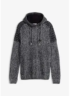 Svetr ze silnější pleteniny, s kapucí a detaily v motorkářském stylu, bonprix