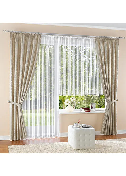 Dlouhá záclona s krajkovým lemem a recyklovaným polyesterem, bonprix