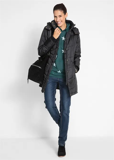 Dlouh&aacute; pro&scaron;&iacute;van&aacute; bunda s l&iacute;mcem a kapuc&iacute;, vatovan&aacute;, bonprix