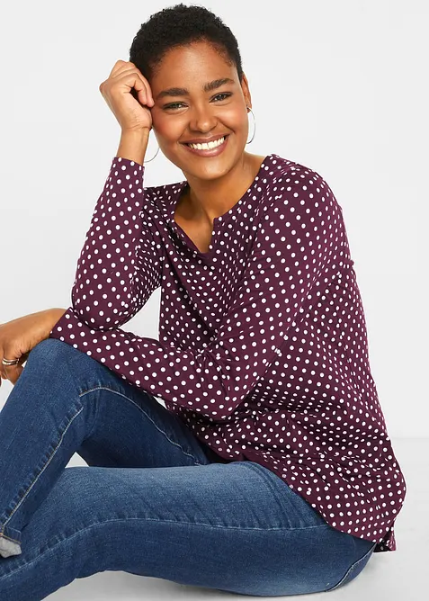 Puntíkované bavlněné triko s rozparky po stranách, dlouhý rukáv, bonprix