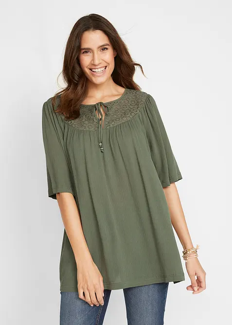 Dlouh&aacute; tunika se zmačkanou &uacute;pravou, polodlouh&eacute; ruk&aacute;vy, bonprix