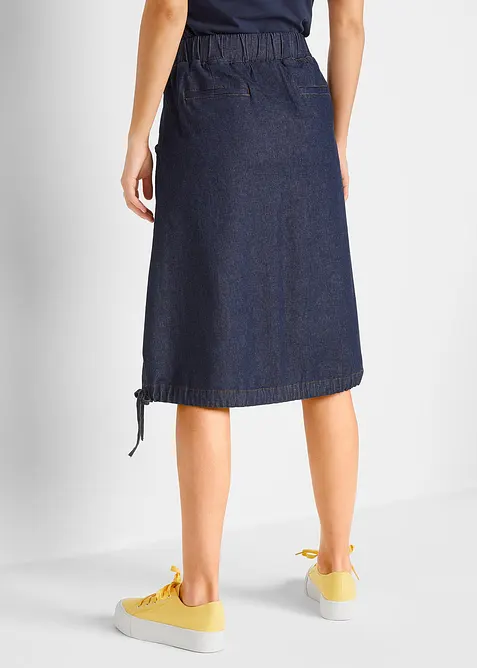 Strečov&aacute; dž&iacute;nov&aacute; sukně se sklady, &scaron;ňůrkou a pohodlnou pasovkou, bonprix