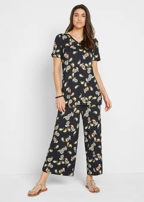 Triko a kalhoty Culotte ze spl&yacute;vav&eacute; visk&oacute;zov&eacute; směsi (2d&iacute;ln&aacute; souprava), bonprix