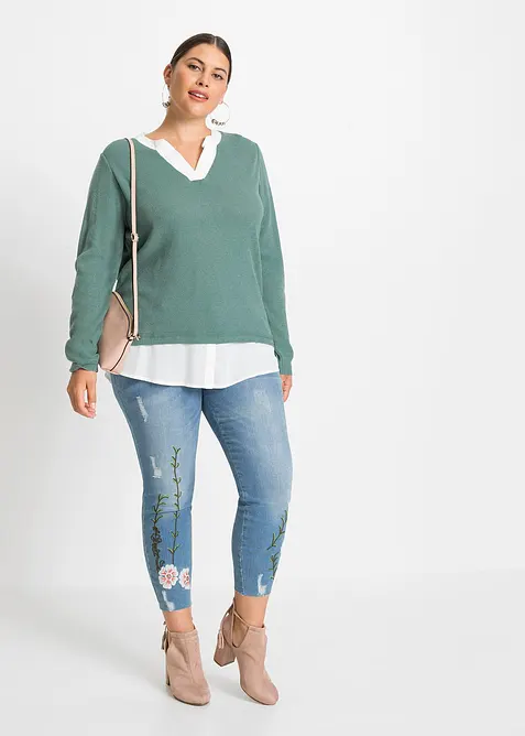 Svetr z jemn&eacute;ho &uacute;pletu, s halenkovou vsadkou, bonprix