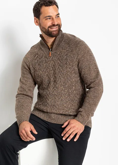 Svetr s límcem na zip, z copánkové pleteniny s podílem vlny, bonprix