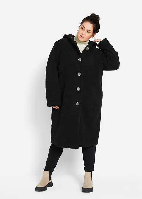 Plyšový kabát s kapucí a kapsami, bonprix