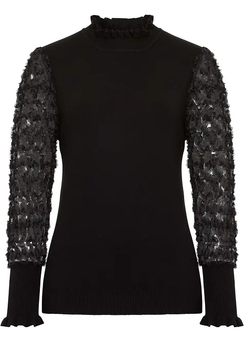 Svetr s rolákovým límcem a dekorativními šifonovými rukávy, bonprix