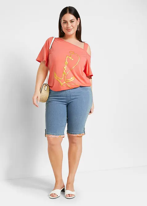 Dž&iacute;nov&eacute; bermudy s barevn&yacute;m založen&iacute;m, bonprix