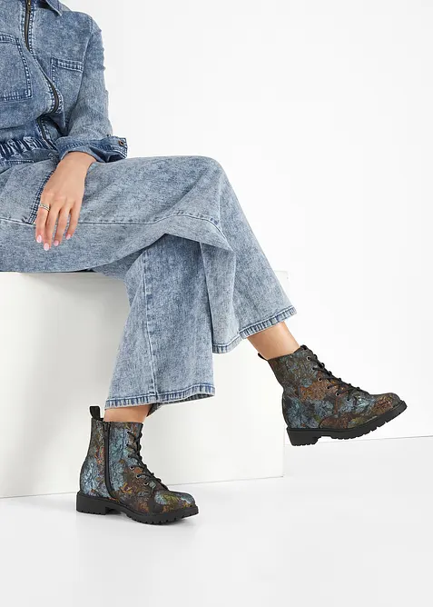 Šněrovací kotníková obuv s květinovým vzorem, bonprix