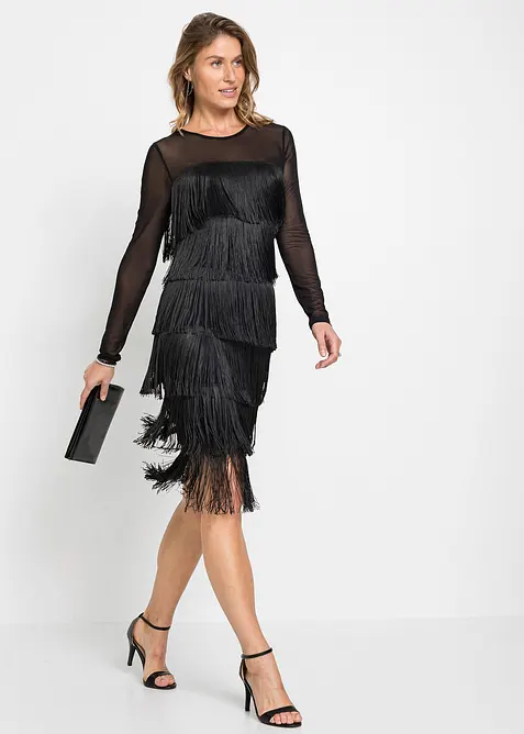 Midi šaty ze vzdušné síťoviny, s třásněmi, bonprix