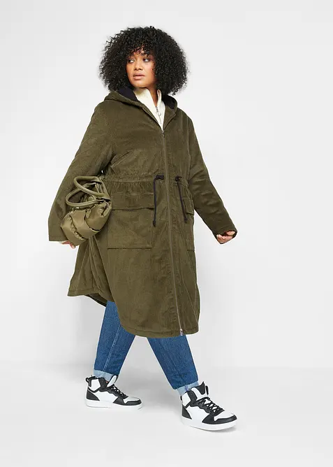 Manšestrový kabát s kapucí s medvídkovým flísem, z čisté bavlny, bonprix