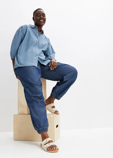 Dž&iacute;nov&aacute; halenka s nab&iacute;ran&yacute;mi ruk&aacute;vy, z organick&eacute; bavlny, bonprix