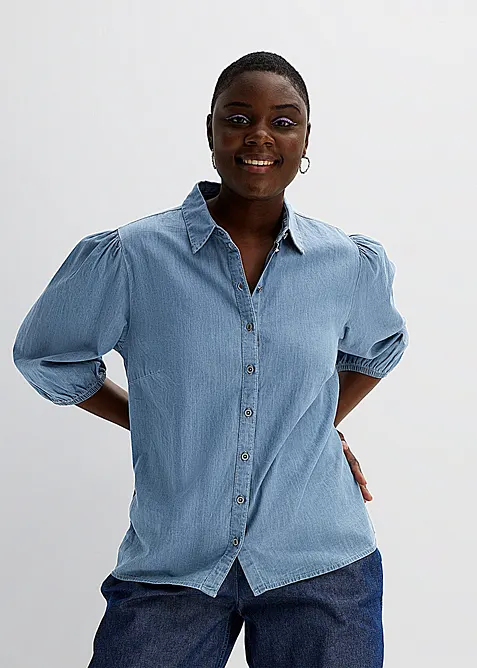 Dž&iacute;nov&aacute; halenka s nab&iacute;ran&yacute;mi ruk&aacute;vy, z organick&eacute; bavlny, bonprix