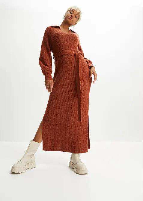 Maxi pletené šaty s páskem (2dílná souprava), bonprix