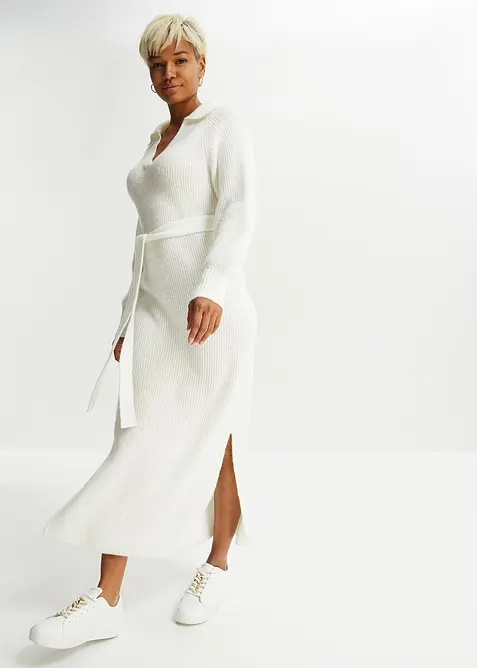 Maxi pletené šaty s páskem (2dílná souprava), bonprix