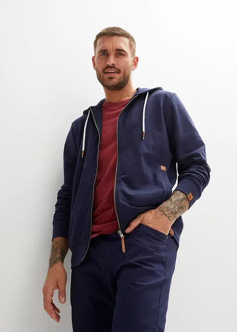 Mikina na zapínání s kapucí a s detaily z umělé kůže, bonprix