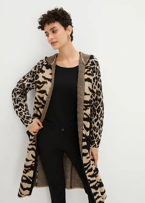 Pletený kabát s flitry a kapucí, bonprix