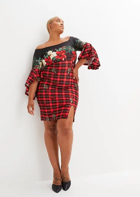 Šaty Carmen, z pevného materiálu scuba, s vánočním motivem, bonprix