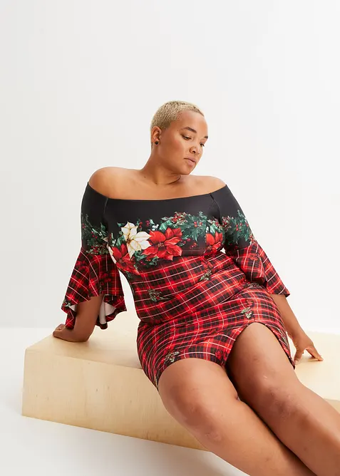 Šaty Carmen, z pevného materiálu scuba, s vánočním motivem, bonprix