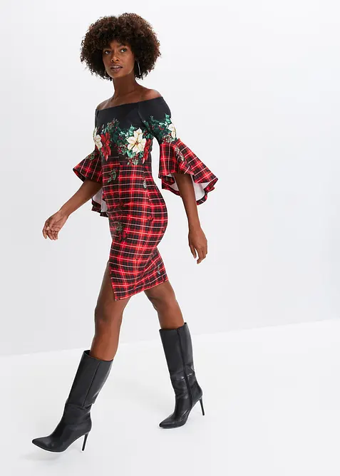 Šaty Carmen, z pevného materiálu scuba, s vánočním motivem, bonprix