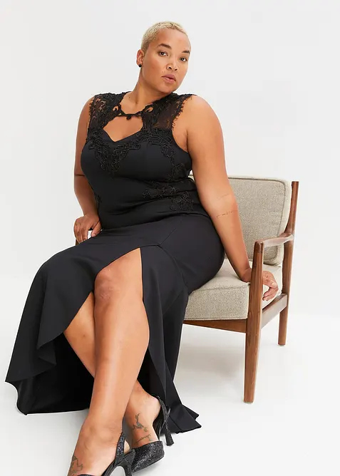 Maxi šaty z pevného materiálu scuba, s krajkou, bonprix