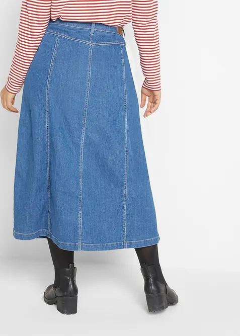 Pohodlná strečová džínová sukně, midi délka, bonprix