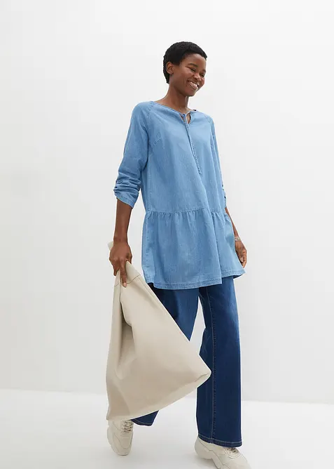 Dž&iacute;nov&aacute; tunika s vol&aacute;nem a dlouh&yacute;mi ruk&aacute;vy, z organick&eacute; bavlny, bonprix